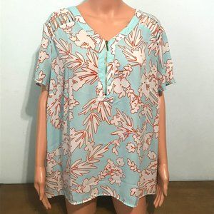 Worthington Blouse Shirt Women 1X Short Sleeve Blue Red Floral Sheer 1/4 Zip Top